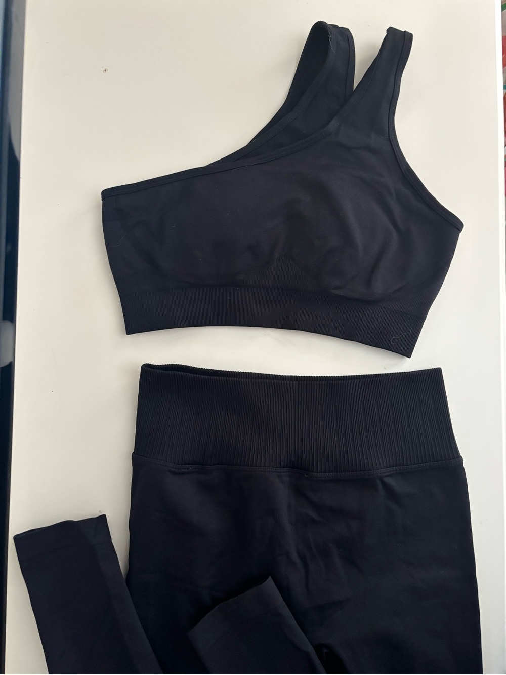 Black High-Waist Leggings + One-Shoulder Sports Bra Set